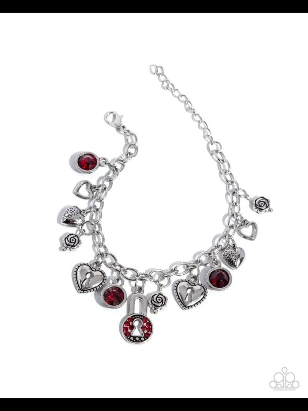 Silver-Tone Red Charm Bracelet with Heart Lock Pendant